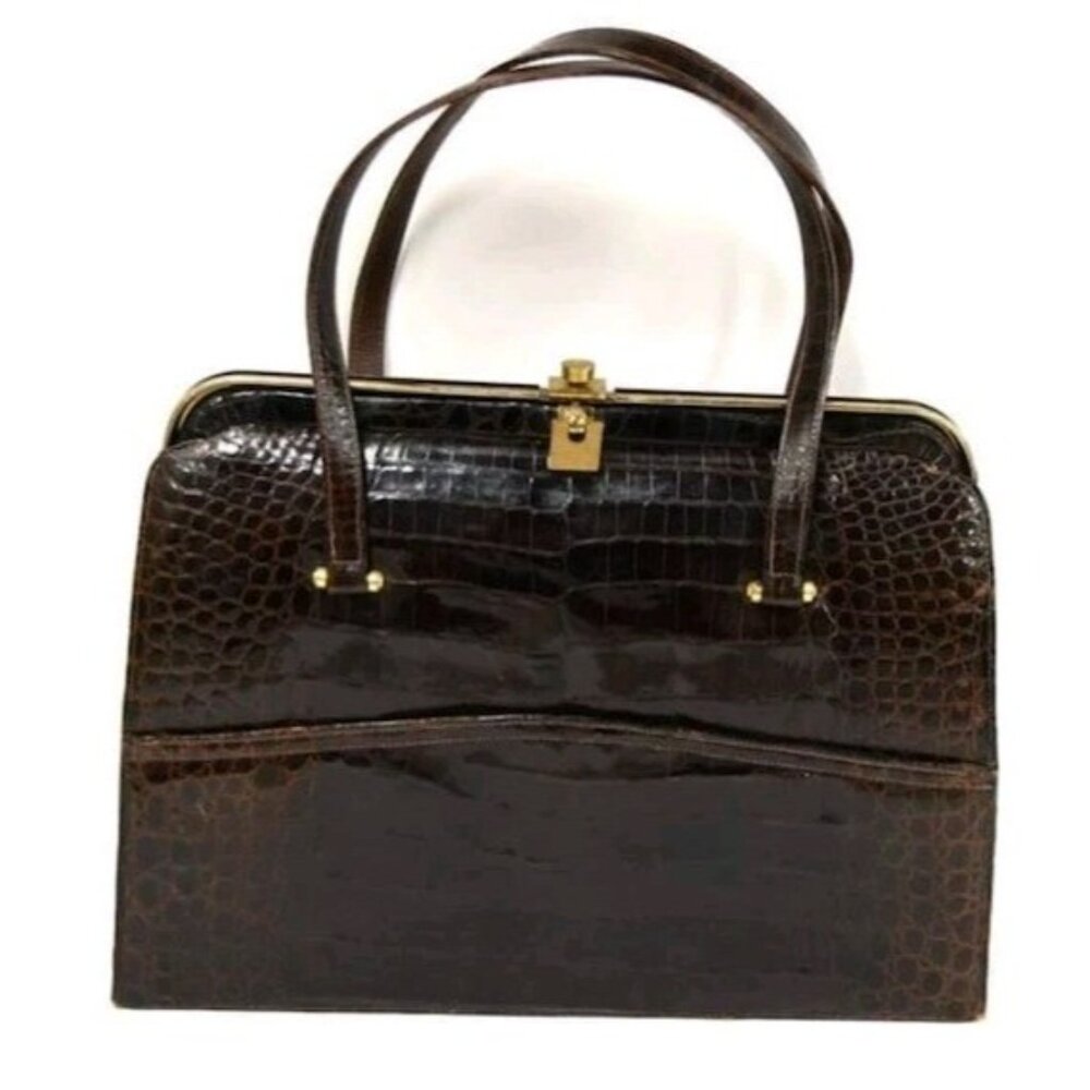 Vintage Black Patent Alligator Leather Handbag By Bellestone, Gold tone accents,